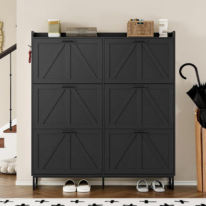 BORNOON Shoe Cabinet with 6 Flip Drawers Narrow Shoe Storage Cabinet Organizer Wooden Freestanding Shoe Rack Hidden Slim Shoes Storage Cabinet for Entryway, Hallway, Living Room, Bedroom