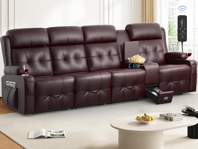 Loveseat Recliner Sofa, Home Theater Seating with Massage, 4 Seat Reclining Loveseats with Console, Wall Hugger RV Couch Movie Theater Chairs, RV Furniture Sofas with USB, Cup Holders for Gaming Room