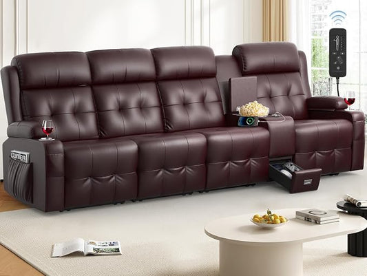 Loveseat Recliner Sofa, Home Theater Seating with Massage, 4 Seat Reclining Loveseats with Console, Wall Hugger RV Couch Movie Theater Chairs, RV Furniture Sofas with USB, Cup Holders for Gaming Room