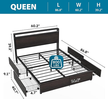 Kiivakii Queen Size Bed Frame with 4 Storage Drawers, LED Platform Bed with Headboard, Built in Charging Station, Noise-Free, Metal Support Base, No Box Spring Needed, Black