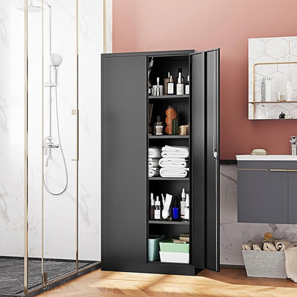 Fesbos Metal Storage Cabinet-71” Tall Steel File Cabinets with Lockable Doors and Adjustable Shelves-Black Steel Storage Cabinet for Home,Kitchen, School, Office, Garage
