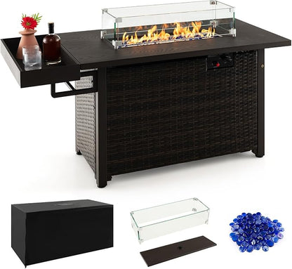 Tangkula Patio Propane Fire Pit Table, 52 Inch Wicker Gas Fire Pit with Wind Guard & Extended Shelf, 50,000 BTU Heat Output, Rectangular Fire Table with Blue Fire Stone & Waterproof Cover (Brown)