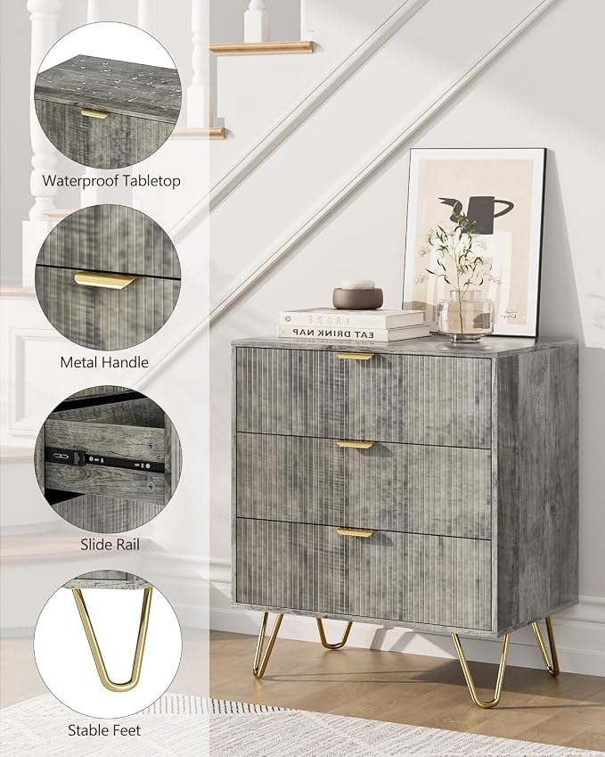Grey Dresser for Bedroom, Modern Fluted 3 Drawer Dresser with Storage, Dresser Chest of Drawers with Gold Handles for Bedroom, Living Room, Closet, Hallway, 15.8" D x 23.6" W x 27.6" H