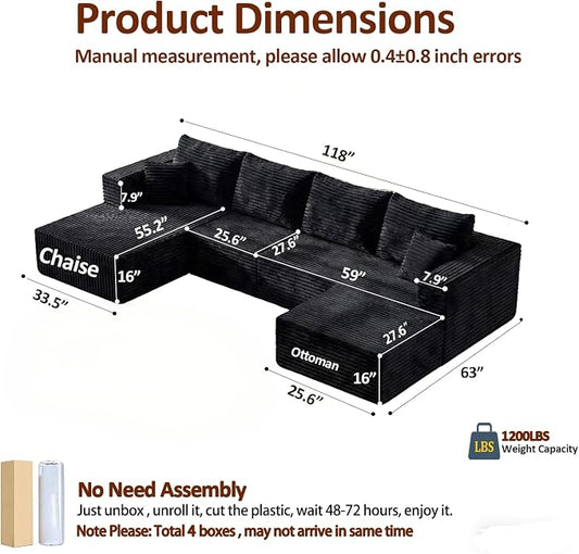 118" Modular Sectional Sofa with Chaise&Ottoman,Oversized U-Shaped Corduroy Cloud Couch, Deep Seat Boneless Couch for Living Room, No-Assembly,Black(Left Facing Chaise)