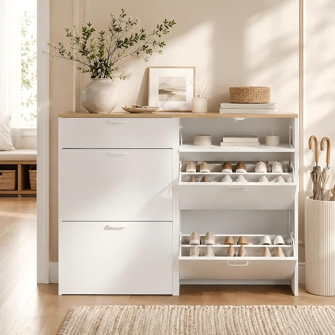 VINGLI Shoe Cabinet Storage for Entryway Ultra Slim with 2 Flip &1Drop-Down Drawers, 24.8" W Narrow Shoe Cabinet for Front Door Entrance,Freestanding Modern White Wood Shoes Organizer for Hallway