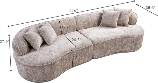 114-Inch Curved Boneless Modular Sofa Compressed 4-Seat Cloud Couch with 4 Pillows, Modern Curved Boneless Foam Sofa Floor Deep Seat Cloud Couch for Living Room Bedroom