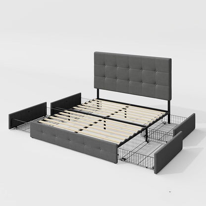 Allewie Upholstered Queen Size Platform Bed Frame with 4 Storage Drawers and Headboard, Square Stitched Button Tufted, Mattress Foundation with Wooden Slats Support, No Box Spring Needed, Light Grey