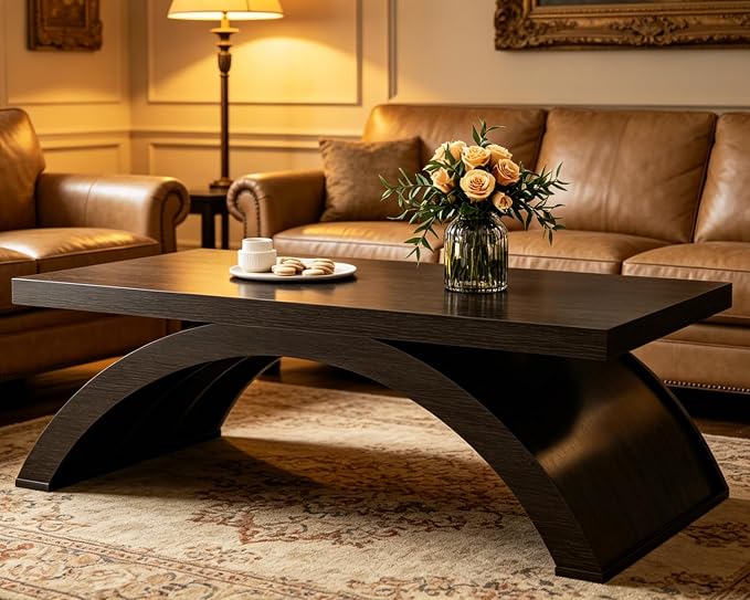 HSH 47" Modern Rectangle Wood Coffee Table for Living Room, Black Oak | Large Rectangular Center Table, Low Table with Sculptural Arched Base, 200 lb Capacity, Easy Assembly