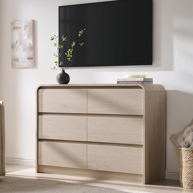 Aitjunz Modern 6 Drawers Dresser for Bedroom, 47" Wide Wood Dressers, Cream | Wooden Dressers & Chests of Drawers w/Curved Profile Design, Mid Century Dresser w/Handleless Design for Bedroom, Living Room