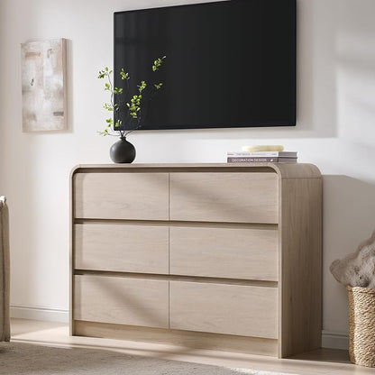 Aitjunz Modern 6 Drawers Dresser for Bedroom, 47" Wide Wood Dressers, Cream | Wooden Dressers & Chests of Drawers w/Curved Profile Design, Mid Century Dresser w/Handleless Design for Bedroom, Living Room