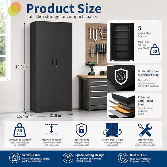 71" Black Metal Storage Cabinet with Lock & Adjustable Shelves - Heavy Duty Garage, Pantry & Office Cabinet with Adjustable Feet, 4 Shelves & Doors for Home Organization