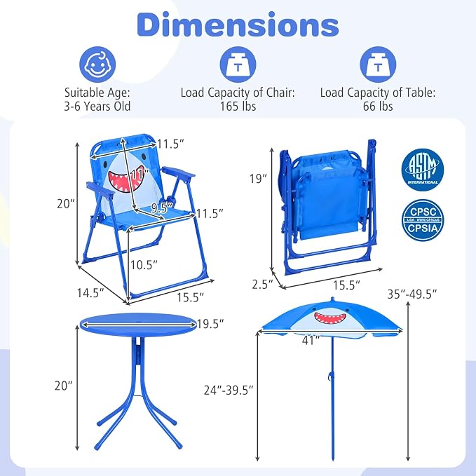 Costzon Kids Picnic Table, Kids Outdoor Table with 2 Folding Chairs, Height Adjustable Umbrella, Portable Children Outdoor Furniture for Patio, Garden, Backyard (Blue Shark)
