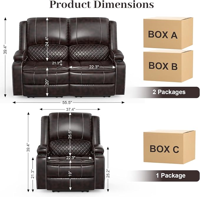 Yolsali Loveseat Lounger Sofa Set with 2 Layers Cushion Living Room 2+1 Piece 2 Seater Reclining Double Sofa Leather with Removable Console 1 Oversized Lounger Sofa Seats