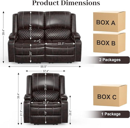 Yolsali Loveseat Lounger Sofa Set with 2 Layers Cushion Living Room 2+1 Piece 2 Seater Reclining Double Sofa Leather with Removable Console 1 Oversized Lounger Sofa Seats