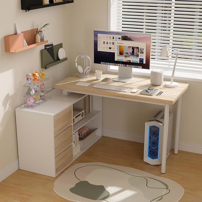 Bobve L Shaped Computer Desk, 47 Inch Home Office Desk with File Drawers & Storage Shelves, Small Corner Computer Desk for Small Space (White + Walnut)