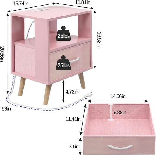 Aenuert Night Stand with Charging Station, Pink Kids Nightstand with Drawer, 2-Tier Nursery Bedside Table with USB Ports and Outlets, End Table for Small Space, Living Room, Bedroom