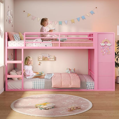 BTHFST Bunk Bed Twin Over Twin with 6 Large Fabric Drawers & 4 Storage Bookshelf, Metal Low Bunk Bed for Kids with LED Lights & Ladder and Guardrail, Space Saving, for Girls, Pink