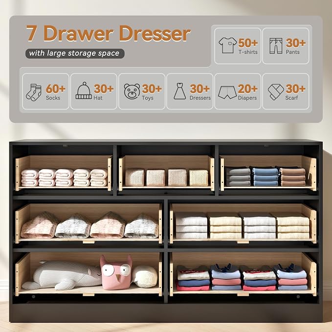 7 Drawer Dresser and Nightstand Sets, 3 Pcs Bedroom Set for Bedroom, Fluted Night Stand Set of 2 & 55" Wide Dresser w/Gold Handles, Modern Wood Chest of Drawers Storage Cabinet Set, Black