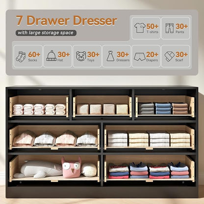 7 Drawer Dresser and Nightstand Sets, 3 Pcs Bedroom Set for Bedroom, Fluted Night Stand Set of 2 & 55" Wide Dresser w/Gold Handles, Modern Wood Chest of Drawers Storage Cabinet Set, Black