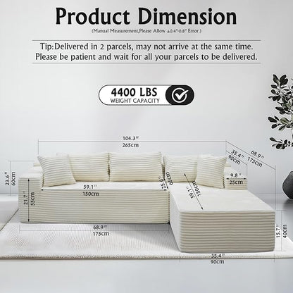 Sectional couches for Living Room Corduroy Couch, 104" Cloud Sectional Couch with L-Shape Chaise, Modern Modular Sofa, Deep Seat Comfort, No Assembly Required(Plush Corduroy, Right Facing Chaise)