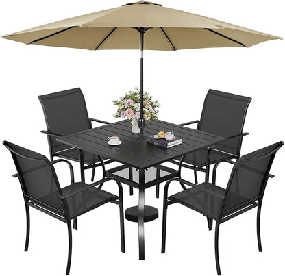 SUNCROWN 6 - Piece Outdoor Dining Set, Patio Furniture Set with 4 Textilene Dinning Chairs, 1 Steel Slat Metal Bistro Table and 1 Brown 9Ft Patio Umbrella for Lawn Garden Backyard Deck, Black