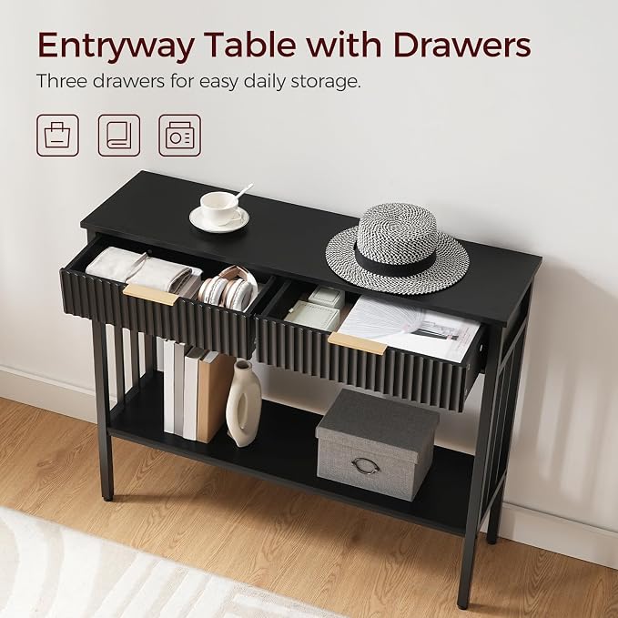 MAHANCRIS 39.4" Console Table with 2 Drawers, Narrow Long Entry Table with Storage Shelf, 2-Tier Fluted Entryway Table with 2 Drawers, for Entryway, Living Room, Foyer, Hallway, Office, Black CTHB5101