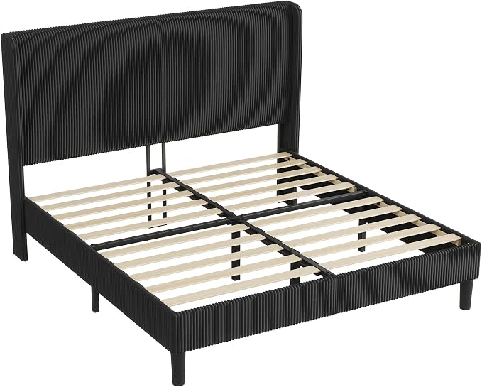 AMERLIFE King Bed Frame, Upholstered Platform Bed with Corduroy Headboard, Easy Assembly Modern Black Bed Frame with Wooden Slats Support, No Box Spring Needed