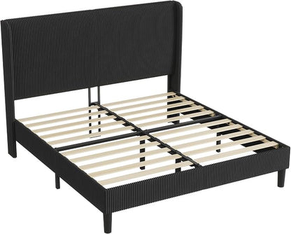 AMERLIFE King Bed Frame, Upholstered Platform Bed with Corduroy Headboard, Easy Assembly Modern Black Bed Frame with Wooden Slats Support, No Box Spring Needed