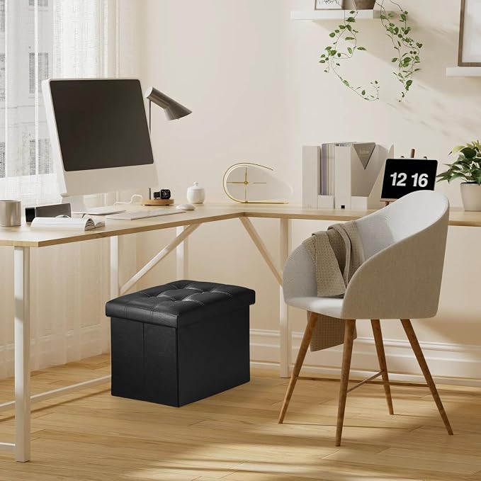 Bsketa 2PC Storage Ottoman, Folding Foot Stool with Thicker Foam Padded Seat Small Leather Storage Ottoman Bench Foot Rest for Living Room Foldable Coffee Table 17x13x13in,Black