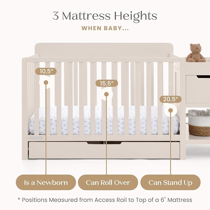 Delta Children Maya 5-in-1 Convertible Crib and Changer with Storage, Converts to Toddler Bed, Daybed, Sofa & Full Bed, Greenguard Gold Certified, 3 Mattress Heights for Baby, Soft Beige