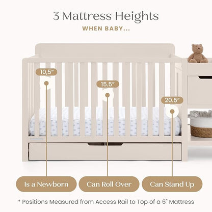 Delta Children Maya 5-in-1 Convertible Crib and Changer with Storage, Converts to Toddler Bed, Daybed, Sofa & Full Bed, Greenguard Gold Certified, 3 Mattress Heights for Baby, Soft Beige