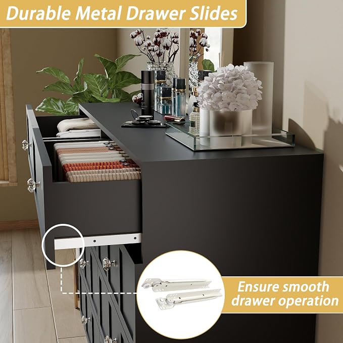 8 Drawer Dresser for Bedroom: 47" Black Chest of Drawers with Deep Drawers, Tall Modern Dresser with Storage, Fluted Wood Dressers for Bedroom, Living Room