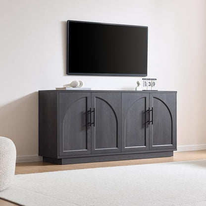 Fatmok 59" Sideboard Buffet Cabinet & TV Stand Set of 2, Modern Arched Credenza with Adjustable Shelves and Long Metal Handles, Wood Console Coffee Bar Storage for Living Room, Black Grey