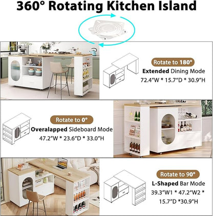 HSH 72.4” Rolling Kitchen Island with Swivel Table, Storage Cabinet, Drawers & Shelves, White Modern Mobile Island Cart on Wheels, Farmhouse Wood Island Table for Kitchen, Dining Room, Home Bar