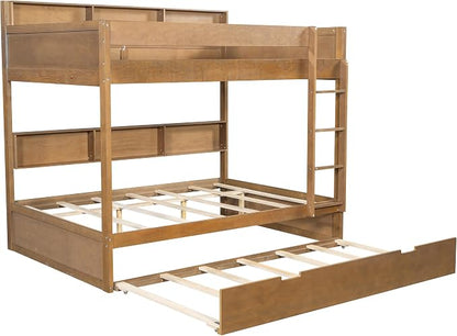 Harper & Bright Designs Rustic Wood Bunk Bed with Pull-Out Trundle, Full Over Full Wooden Bunk Bed with Large Cabinet Beside Upper and Down Bed, Wood