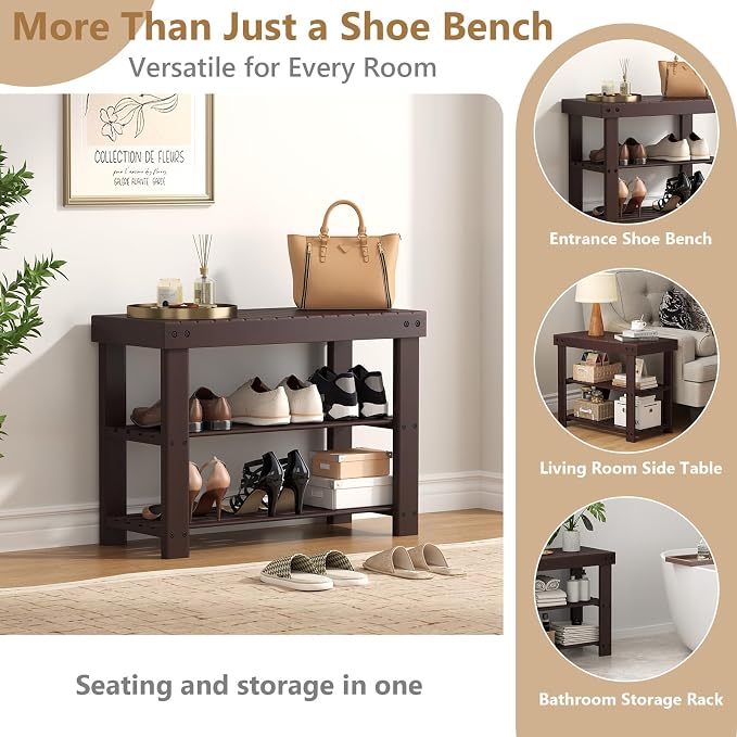 Sweetcrispy 3-Tier Shoe Rack Bench for Entryway, 27 Inches, Brown | Bamboo Shoe Storage Bench, Shoes Rack for Entrance, Bedroom, Living Room, Balcony, 6 Pairs, 286lb Capacity