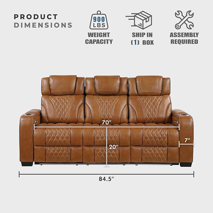 Lexicon Power Double Reclining Sofa, Center Drop-Down Table with Heat/Massage/Headrest/Storage Arms/Cup Holders/LED Lights/Wireless Charging, Top Grain Leather Match Wall Hugger Recliner Sofa, Brown