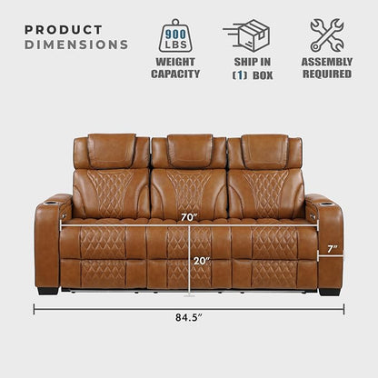 Lexicon Power Double Reclining Sofa, Center Drop-Down Table with Heat/Massage/Headrest/Storage Arms/Cup Holders/LED Lights/Wireless Charging, Top Grain Leather Match Wall Hugger Recliner Sofa, Brown