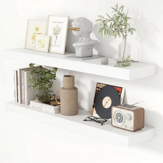 Heimlove 40 Inch Floating Shelves for Wall 8 Inch Deep White Shelves Set of 2,Wall Mounted Rustic Wood Long Floating Shelf with Invisible Brackets for Bedroom Kitchen Living Room