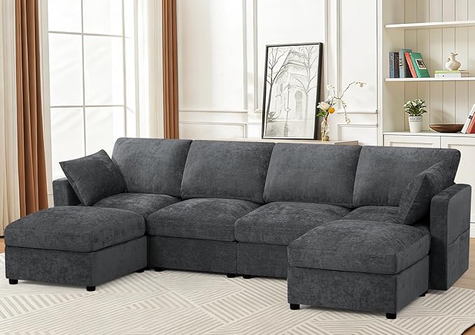110” Chenille 4-Seats Sofa W/Two Movable Ottomans, Grey | Modern Fabric U-Shaped Couch w/Soft Backrests, Upholstered Sectional Sofa w/Arm Pillows for Living Room, Office