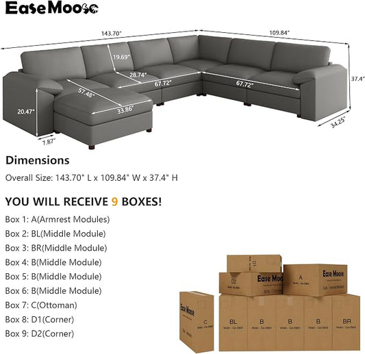 EASE MOOSE Large Faux Leather Sectional with Ottoman, Oversized Modular Couch, Modular Sectional Sofa with Deep Seat, Scratch Resistant Faux Leather Material, U Shaped Couch for Big Spaces, Grey