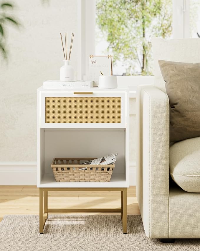Masupu Rattan Nightstand,Modern Night Stand Boho Farmhouse Wood Bedside Table with Storage Drawer Side End Table for Bedroom,Office,White