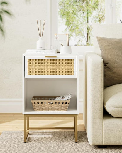 Masupu Rattan Nightstand,Modern Night Stand Boho Farmhouse Wood Bedside Table with Storage Drawer Side End Table for Bedroom,Office,White