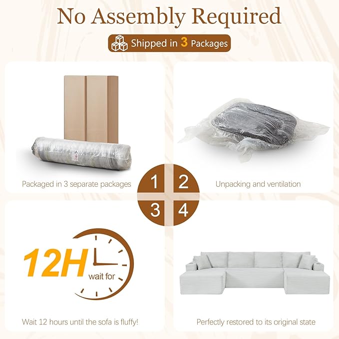 125" Modular Sectional Sleeper Sofa, Boneless Cloud Couch for Living Room, U Shaped 5 Seat Sofa with 2 Storage Pockets& 2 Cup Holders, Free Combination, No Assembly Required (Light Grey, 125")
