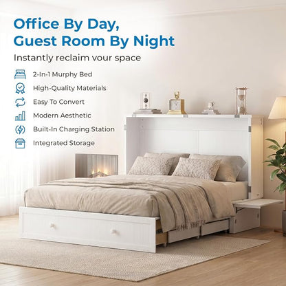 Mjkone Murphy Bed Cabinet Queen with Tri-Fold Mattress Included & USB Charging Station, Modern Versatile Solid Wood Chest Cabinet Wall Bed with Drawers, Adult Guest Beds for Apartment Bedroom - White