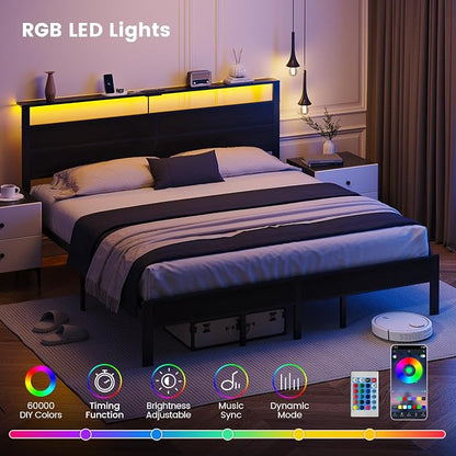 King Size Bed Frame with LED Lights & Charging Station, Black Metal Platform Bed with Wood Headboard and Sturdy Slats, No Box Spring Needed