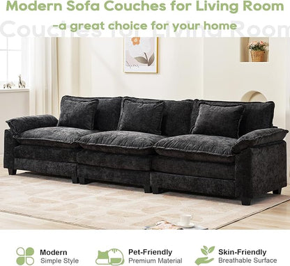 Oprisen 120" Modular Sectional Sofa, Comfy Cloud Couch Sectional Sofa, Chenille Sofa Sleeper Deep Seat Sofa with Throw Pillows for Living Room (Black, 120"- 3 Seater)