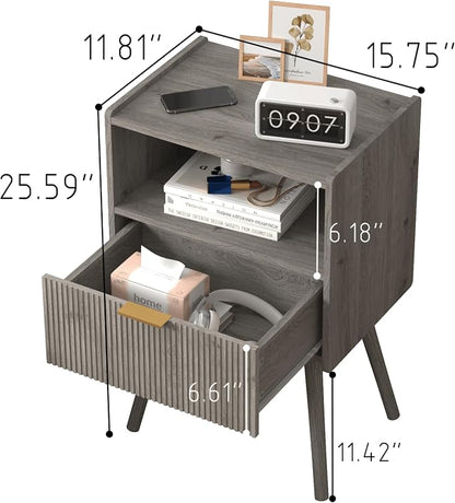 JOONEE Nightstand,Modern Bedside Table with Storage Drawer and Open Wood Shelf, for Living Room, Bedroom and Small Spaces, Accent Night Stand with Solid Wood Legs, Easy Assembly,Grey Oak