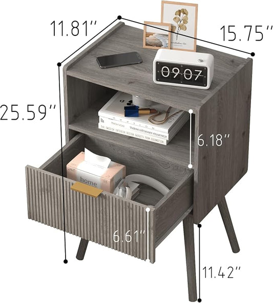JOONEE Nightstand,Modern Bedside Table with Storage Drawer and Open Wood Shelf, for Living Room, Bedroom and Small Spaces, Accent Night Stand with Solid Wood Legs, Easy Assembly,Grey Oak