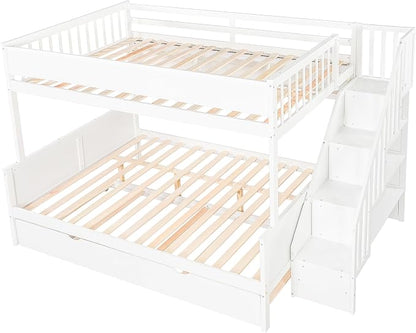 Modern Bunk Bed Full XL Over Queen Size with Storage Shelves and Staircase, Solid Wood Bunk Bed Frame with Trundle and LED Light for Kids Teens Adults (White-3.9)